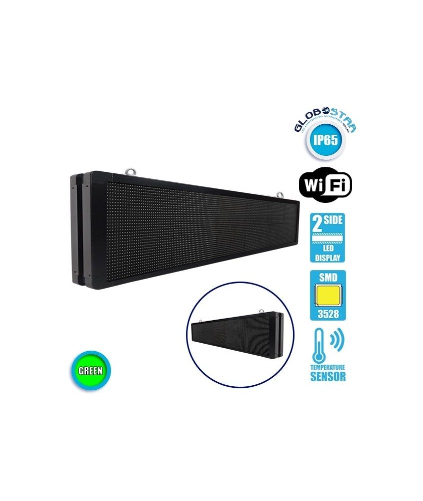 GLOBOSTAR® DISPLAY 90332 Κυλιόμενη Ψηφιακή Επιγραφή P10 Διπλής Όψης LED AC 220-240V Αδιάβροχο IP65 Πράσινο - WiFi Control μέσω FK APP - Αισθητήρας Θερμοκρασίας & Υγρασίας - Μ168 x Π12 x Υ40cm - 2 Χρόνια Εγγύηση